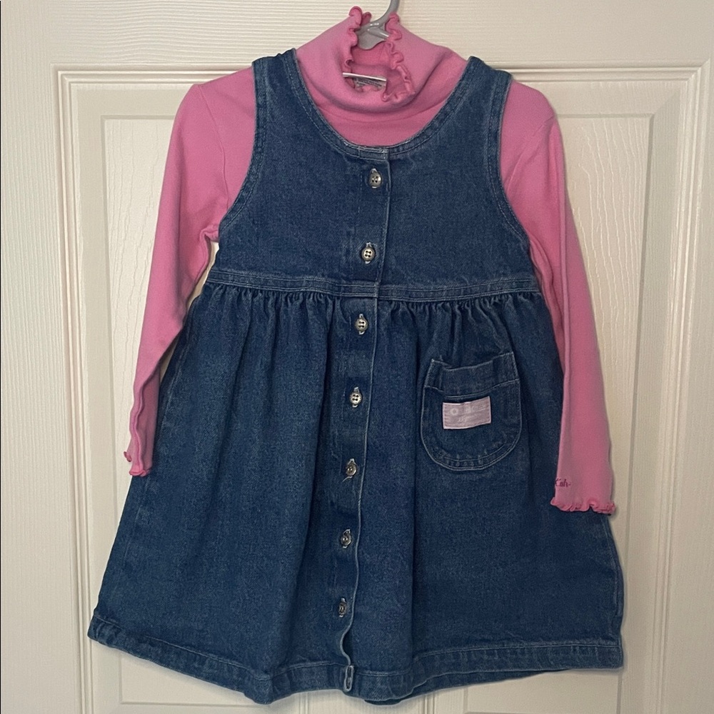3T Vintage Denim Button-Front Pinafore Dress with 4T Pink Long-Sleeve Tee